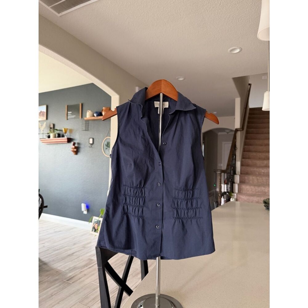 Ann Taylor Loft Petites Sleeveless Collar Button Down Top Navy Blue 00P Tank